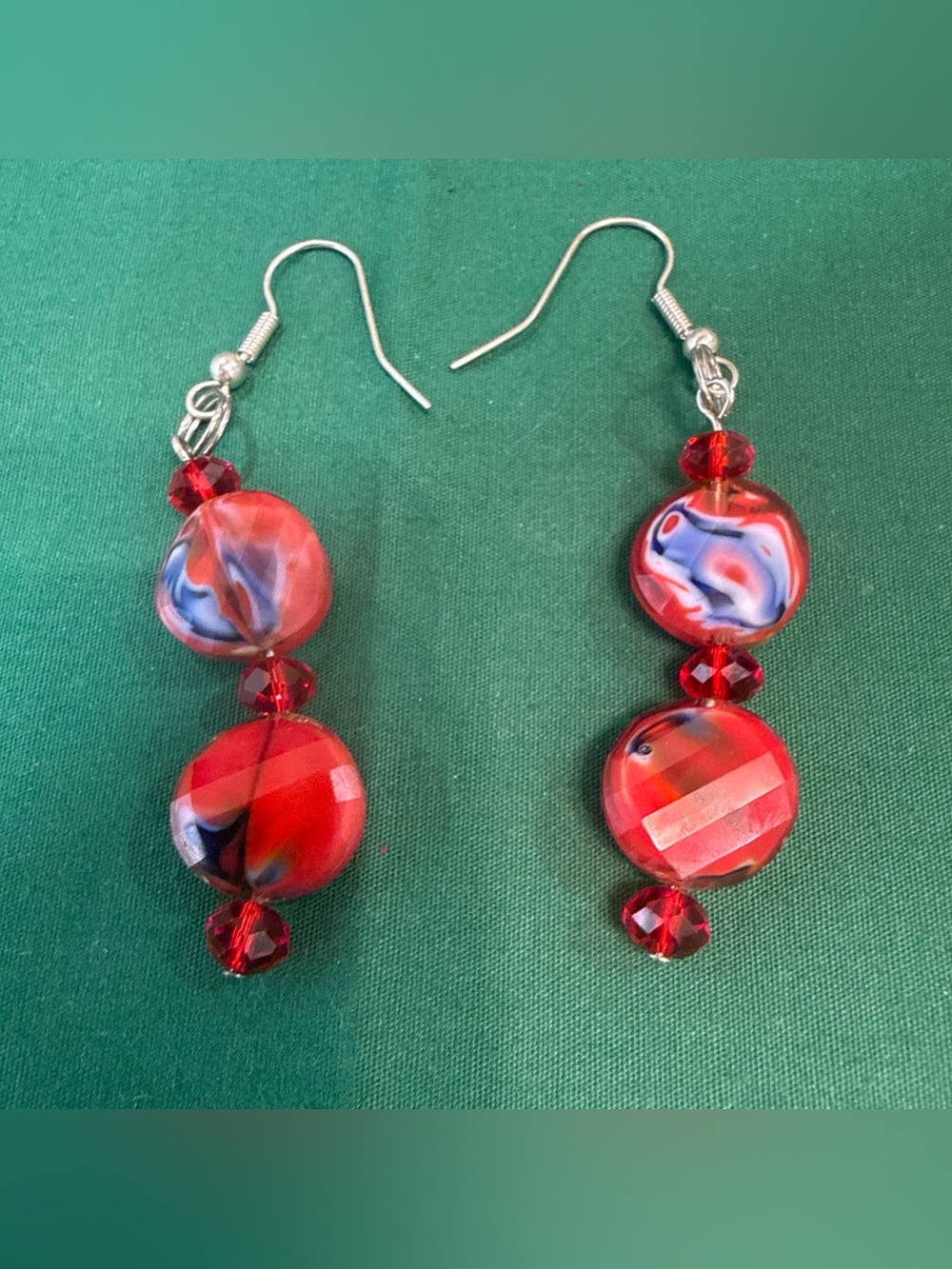 Dangle Red & Blue Earrings W/ Red Fauceted Beads 84D